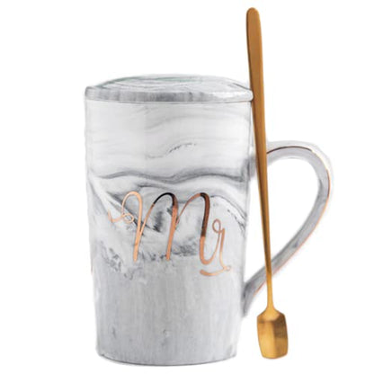 Ceramic Marble Finish Coffee Mug With Lid & Spoon For Couple 380 ML