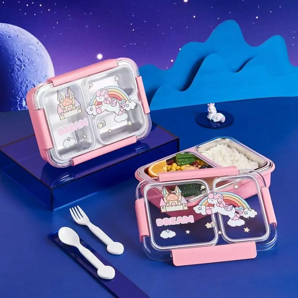 SS 3-Compartment Lunch Box -Leakproof with Transparent Lid