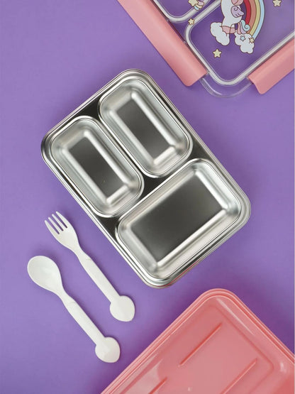 SS 3-Compartment Lunch Box -Leakproof with Transparent Lid