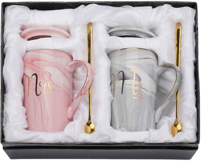 Ceramic Marble Finish Coffee Mug With Lid & Spoon For Couple 380 ML