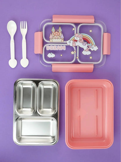 SS 3-Compartment Lunch Box -Leakproof with Transparent Lid
