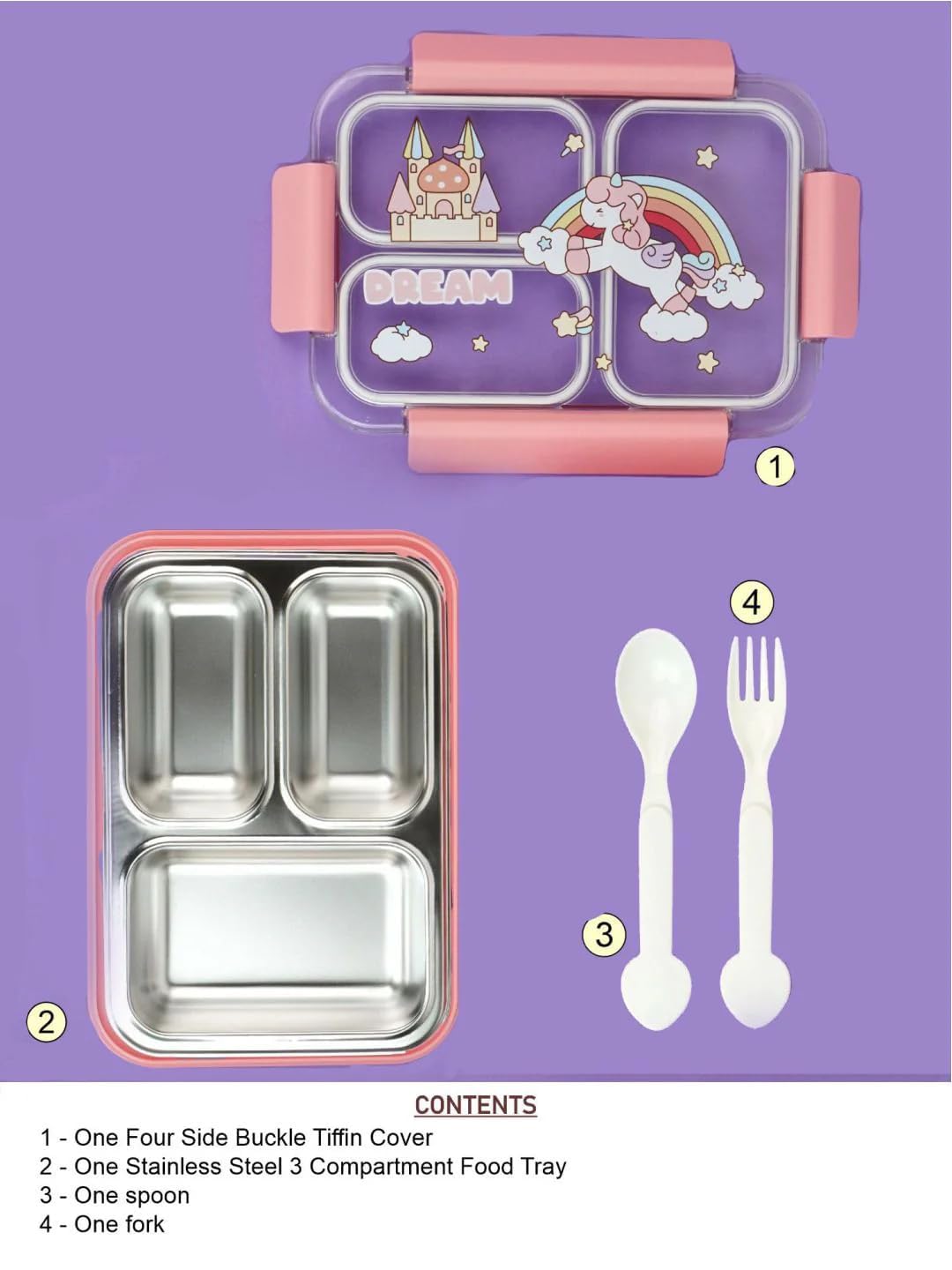 SS 3-Compartment Lunch Box -Leakproof with Transparent Lid