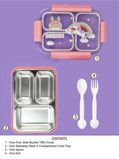 SS 3-Compartment Lunch Box -Leakproof with Transparent Lid